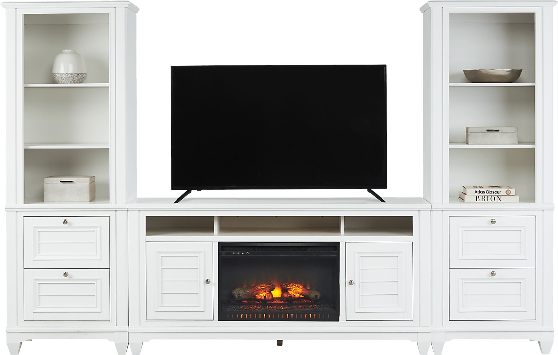 Hilton Head White 4 Pc Wall Unit with 66 in. Console and Electric Log Fireplace - Image 2