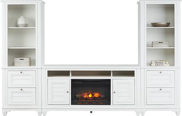 Hilton Head White 4 Pc Wall Unit with 66 in. Console and Electric Log Fireplace - Thumbnail - Image 1