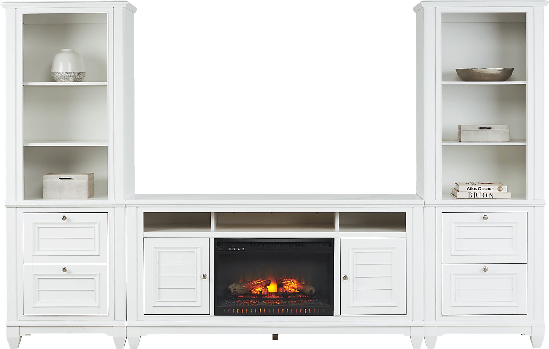 Hilton Head White 4 Pc Wall Unit with 66 in. Console and Electric Log Fireplace - Image 1