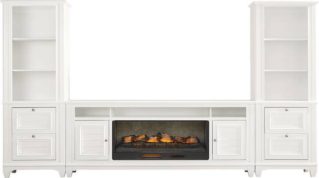 Hilton Head White 4 Pc Wall Unit with 82 in. Console and Electric Log Fireplace - Thumbnail - Image 1