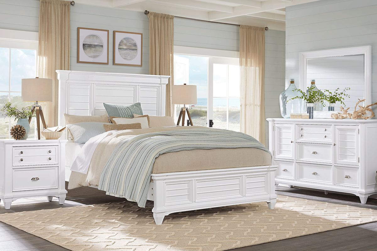 Vegas 7 Pc White Colors,White Queen Bedroom Set With Dresser, Mirror, 3 Pc  Queen Panel Bed, Nightstand
