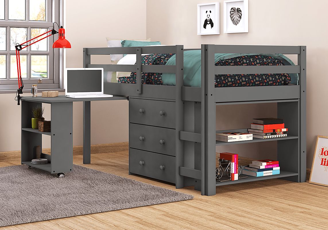 Hollis Ridge Gray Twin Student Loft Bed with Desk, Chest and Bookcase