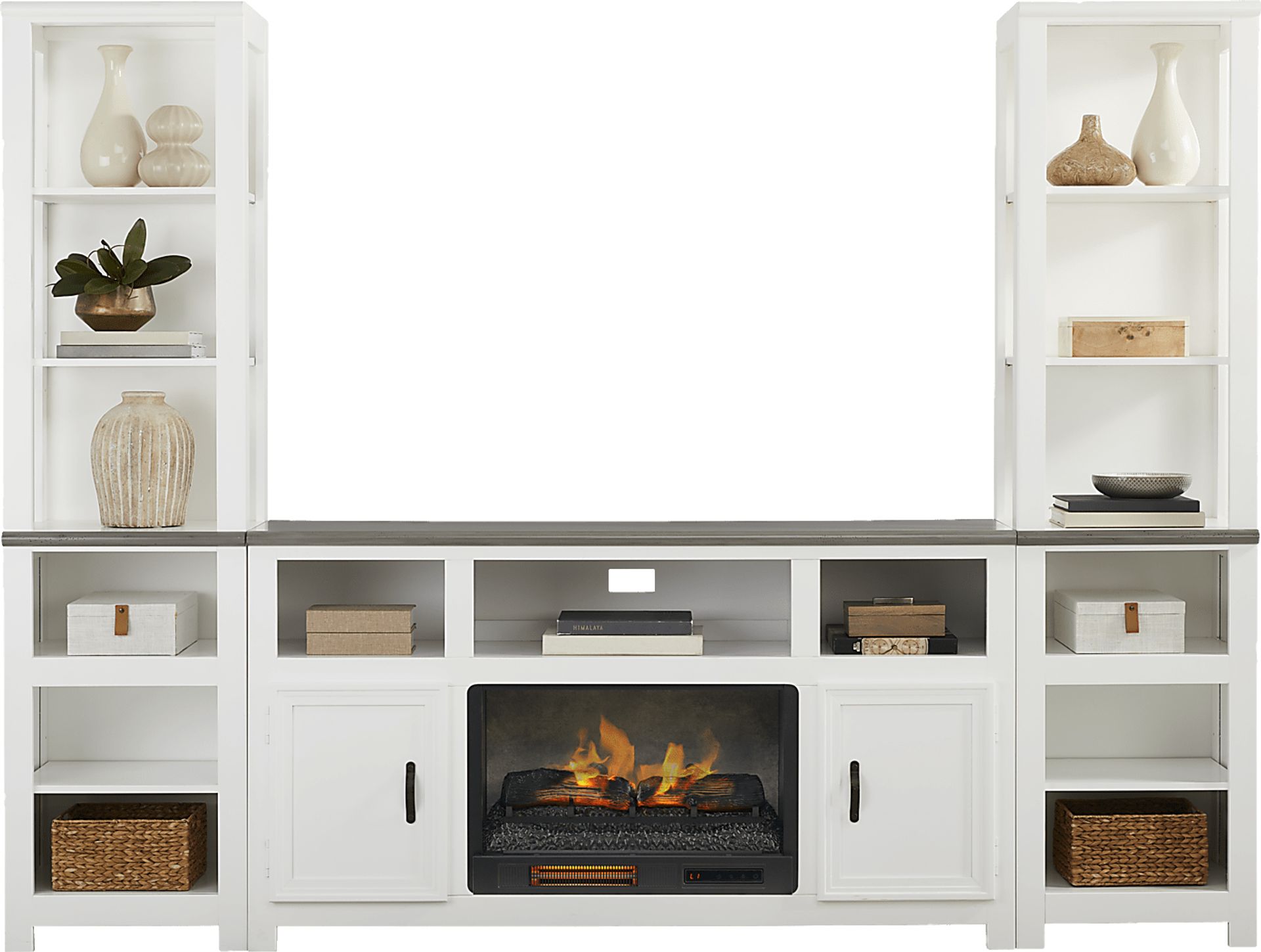 Hollow Ridge White 3 Pc Wall Unit with 63 in. Console and Electric Log Fireplace - Image 2