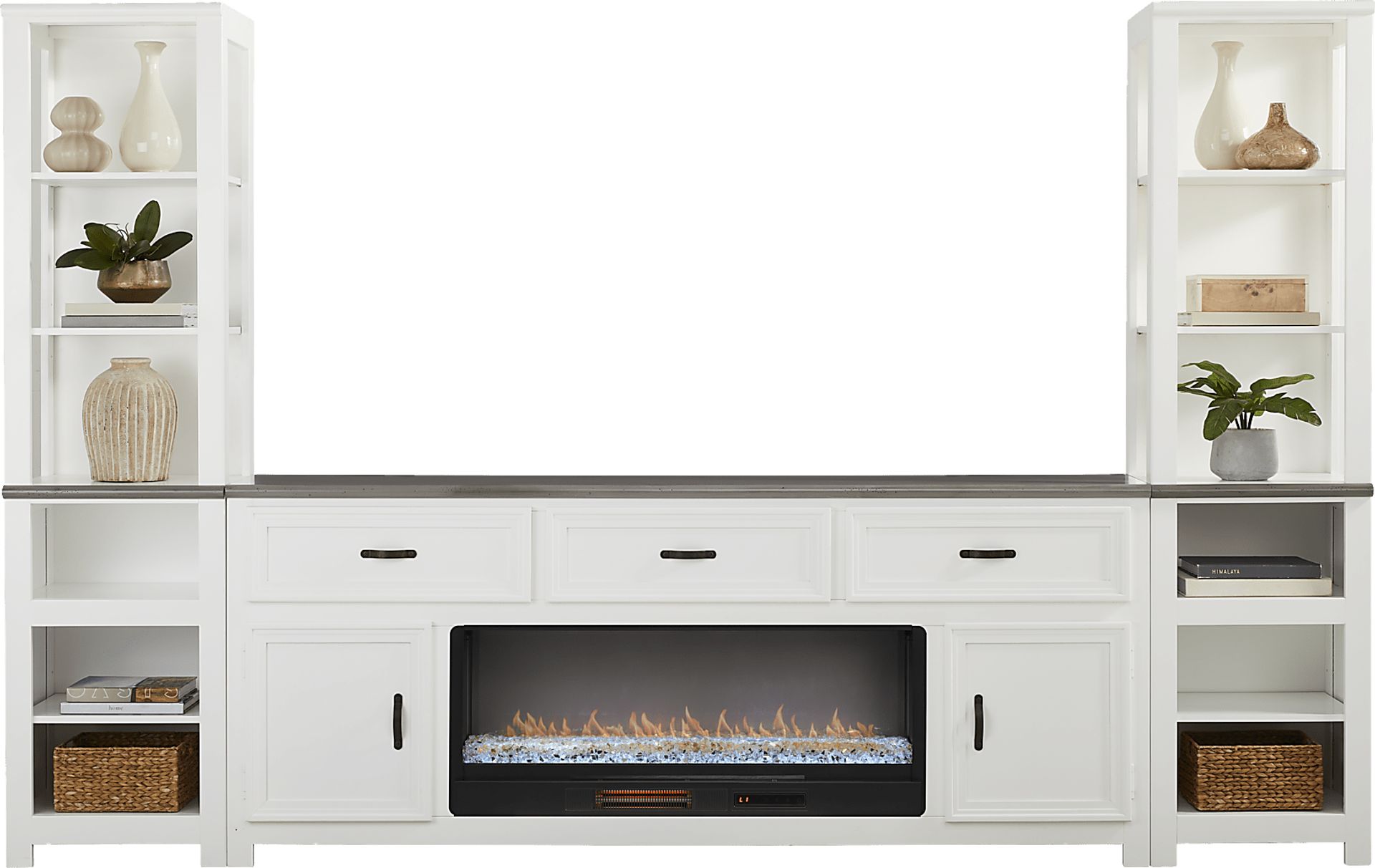 Hollow Ridge White 3 Pc Wall Unit with 84 in. Console and Electric Fireplace - Image 2