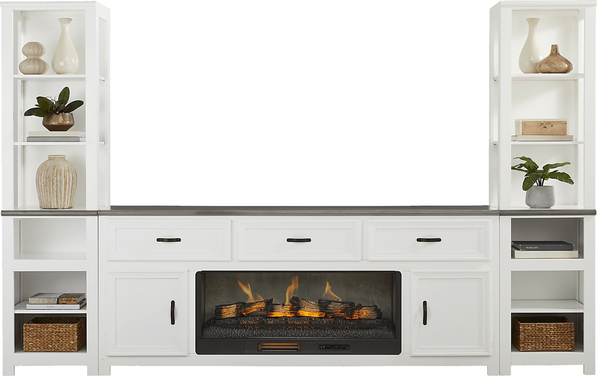Hollow Ridge White 3 Pc Wall Unit with 84 in. Console and Electric Log Fireplace - Image 2