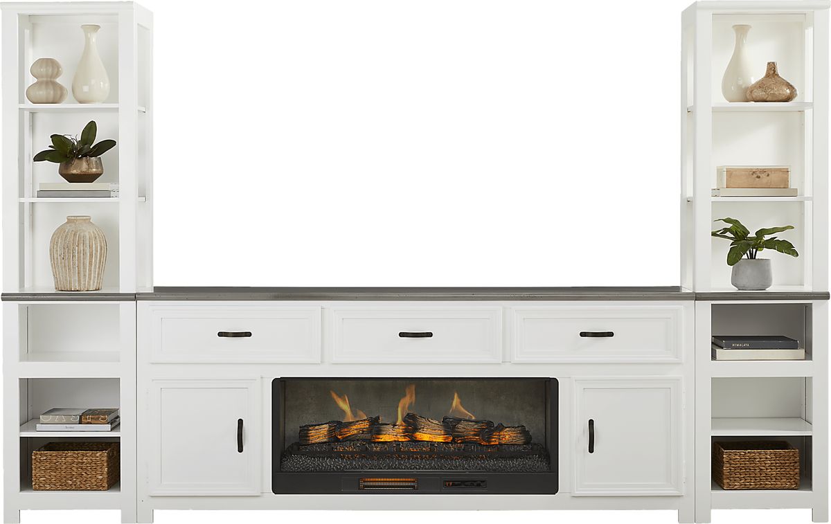 Hollow Ridge White 3 Pc Wall Unit With Log Fireplace | Rooms to Go
