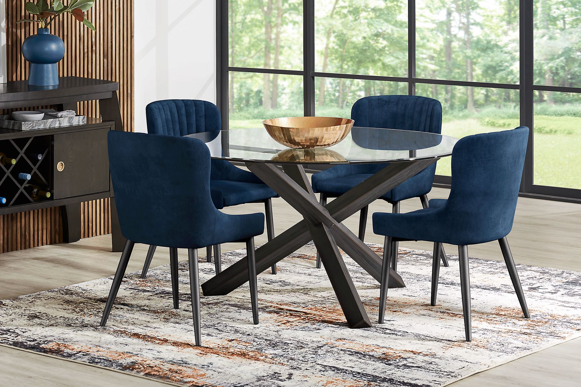 Hollybrooke Black 7 Pc Round Dining Room with Navy Chairs - Image 1