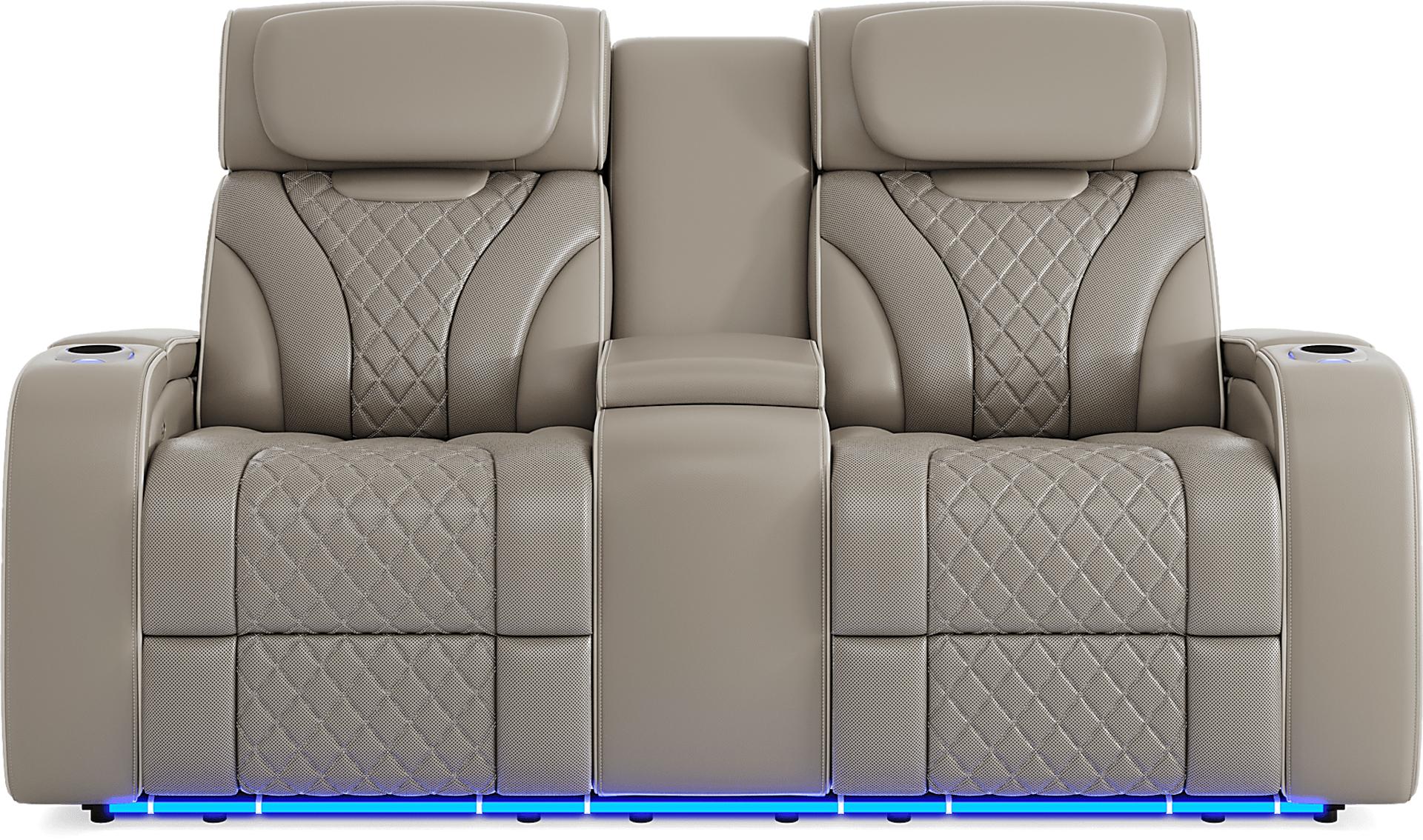 Horizon Ridge Beige Leather Triple Power Reclining Console Loveseat with Massage and Heat