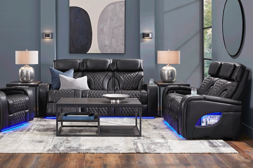 Horizon Ridge Black Leather 2 Pc Living Room with Triple Power Reclining Sofa
