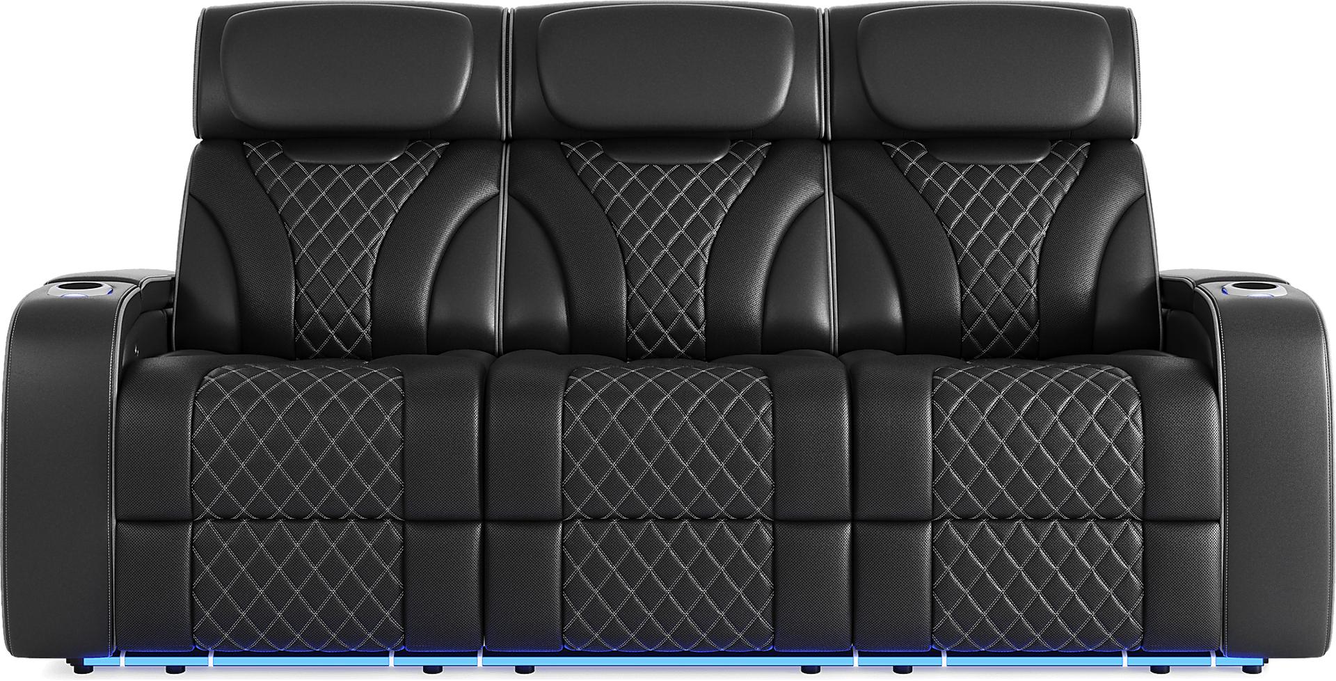 Horizon Ridge Black Leather Triple Power Reclining Sofa with Massage and Heat