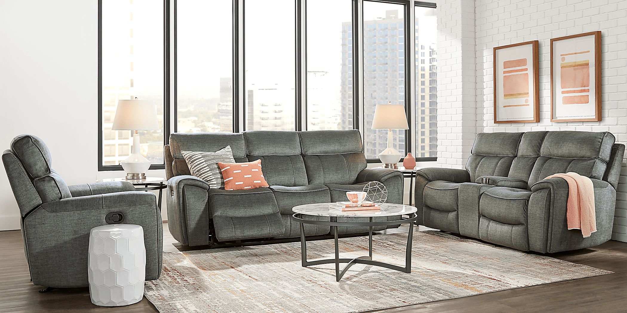 Hosford 3 Pc Dark Gray Polyester Fabric Manual Reclining Living Room