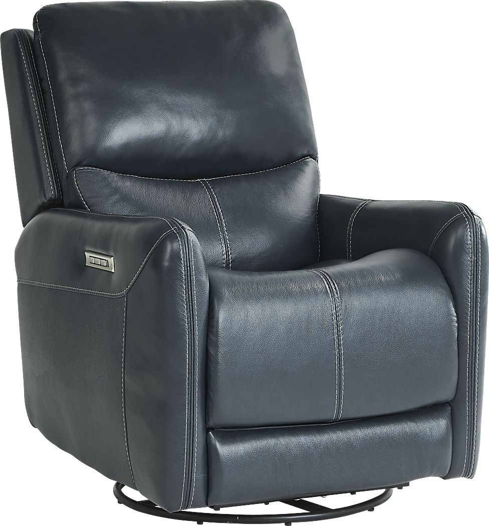 Hudson Place Ocean Blue Leather Triple Power Swivel Recliner | Rooms to Go