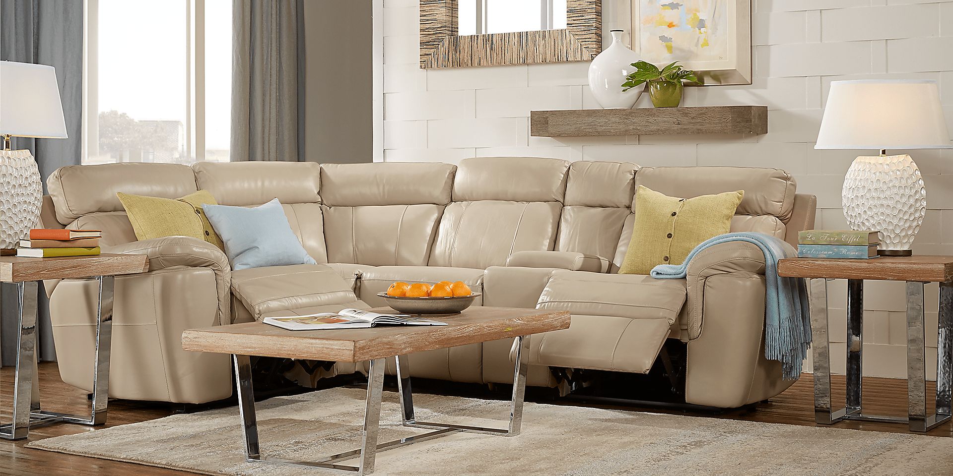 Hudson Square Sand Leather 5 Pc Reclining Sectional - Image 2