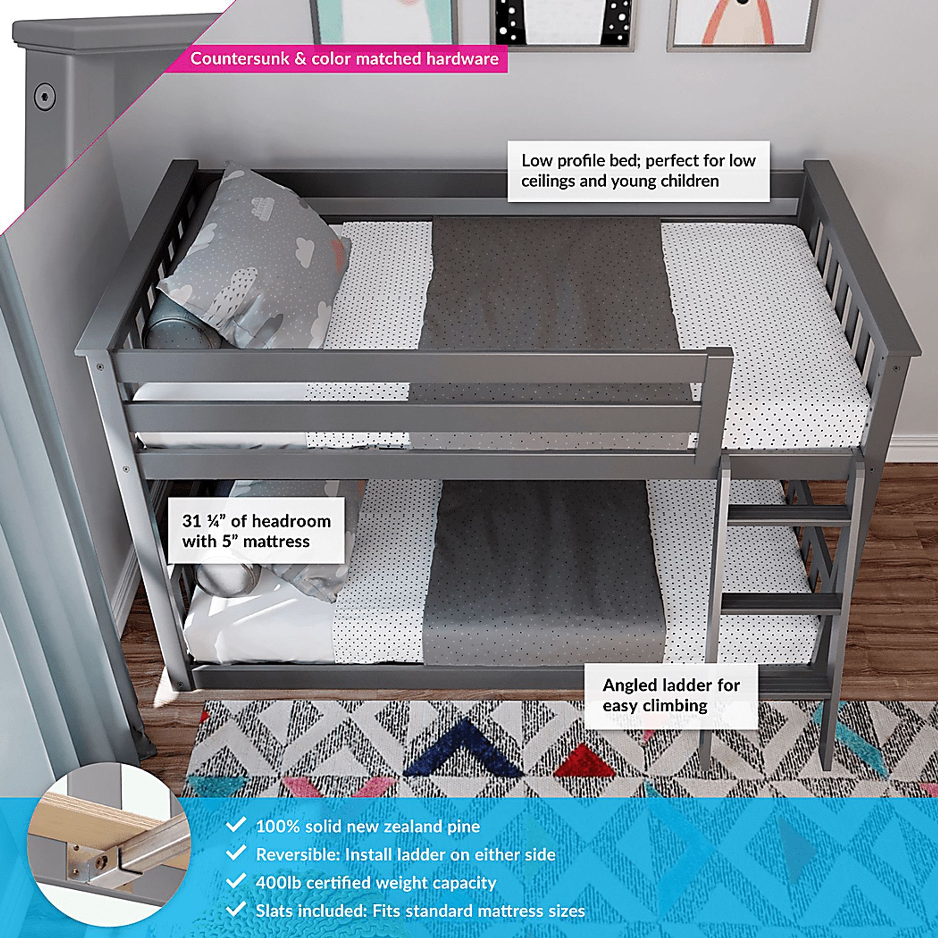 Kids Imonie Gray Twin/Twin Low Bunk Bed - Image 2