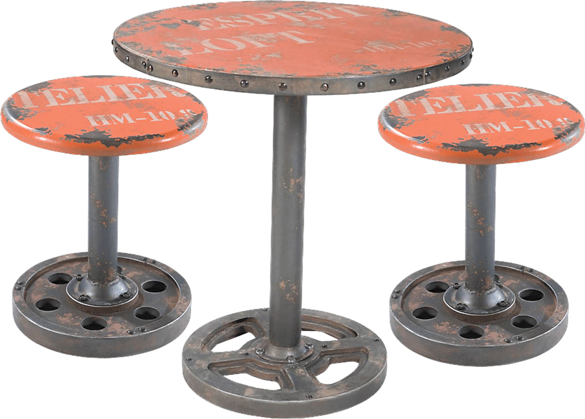 Industrie Orange Wheel Table & 2 Stools Set - Image 1