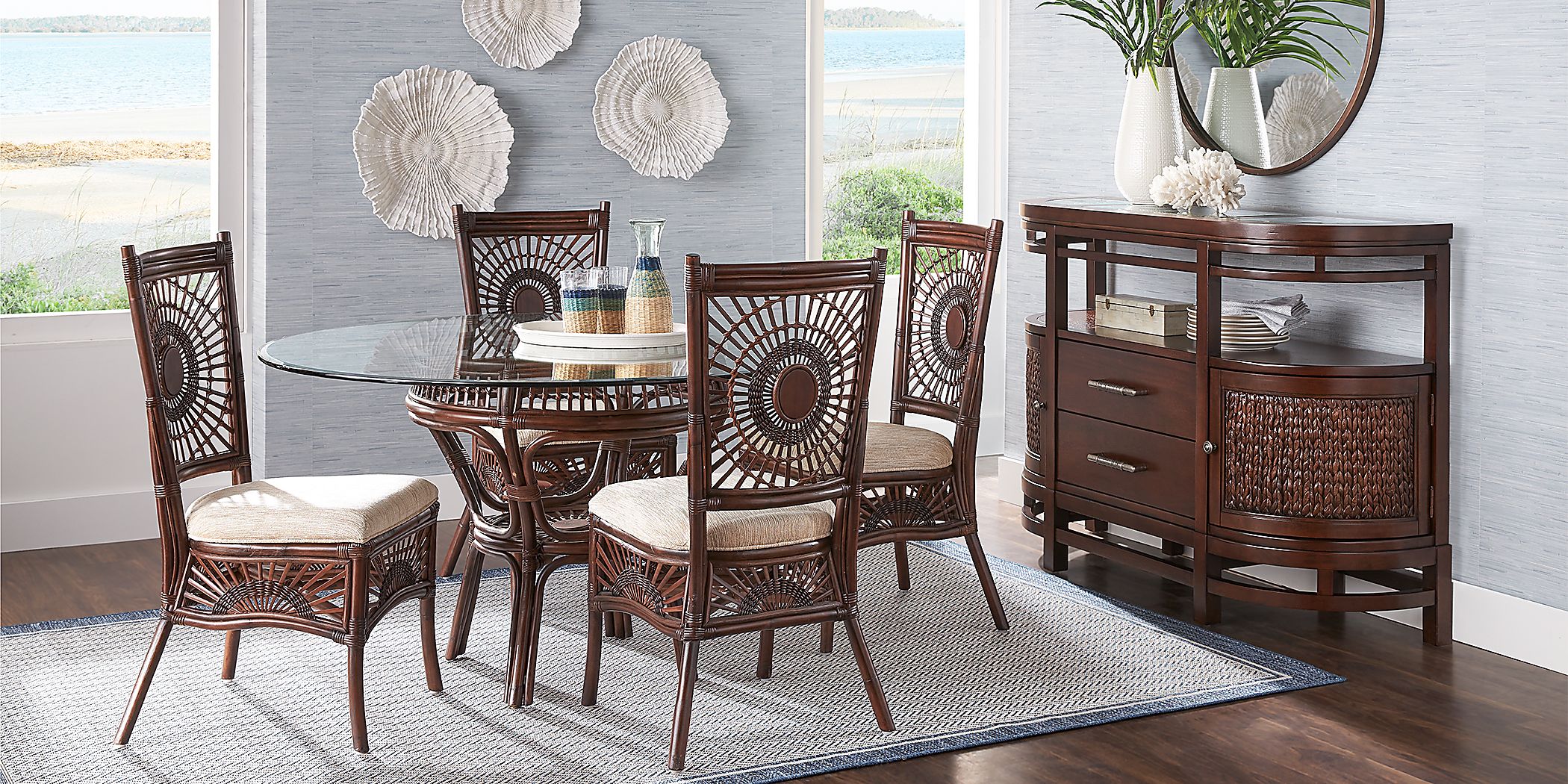 Island Sunrise 5 Pc Dark Rattan Wood Dining Room Set With Side