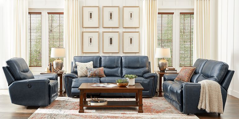 Italo Blue Leather 2 Pc Living Room with Reclining Sofa