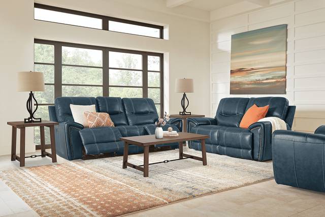 Italo Blue Leather 6 Pc Living Room with Reclining Sofa - Thumbnail - Image 1