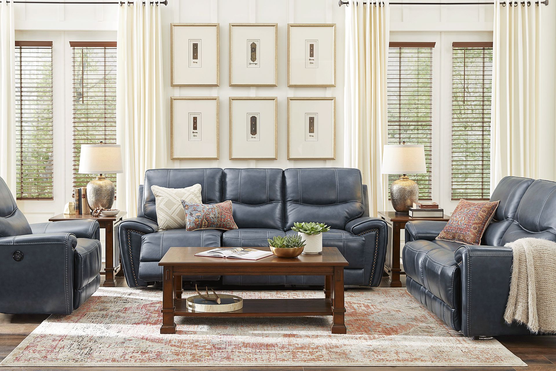 Italo Blue Leather 7 Pc Living Room With Reclining Sofa - Image 1