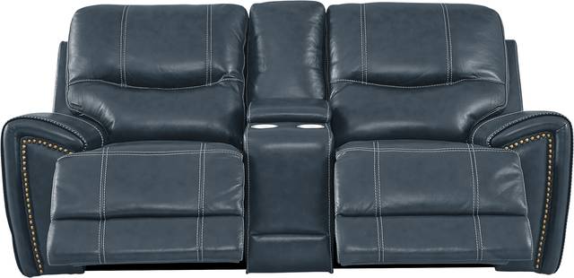 Italo Blue Leather Dual Power Reclining Console Loveseat - Thumbnail - Image 2