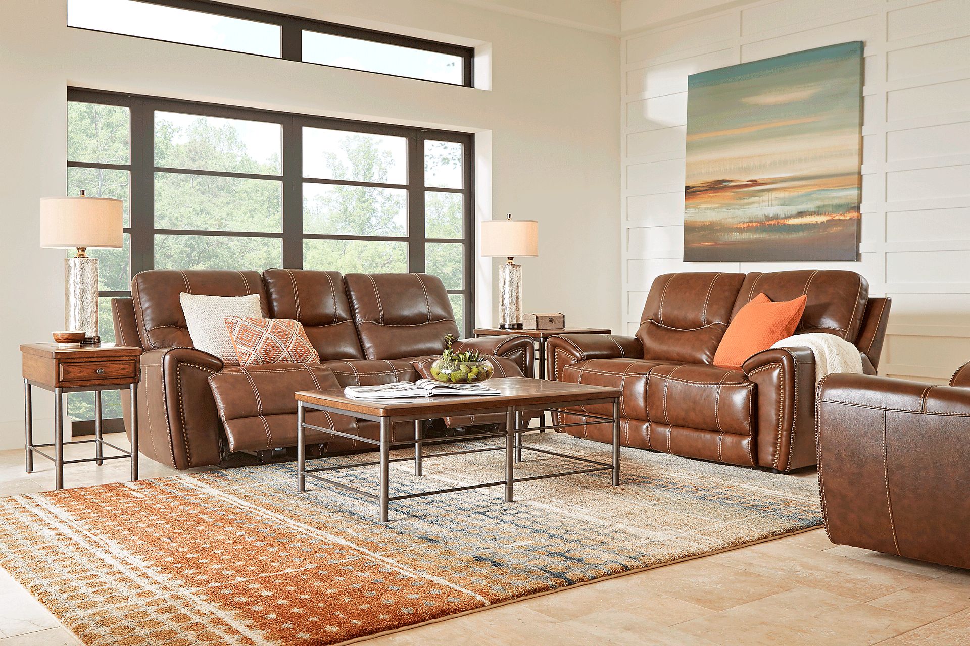 Italo Brown Leather 2 Pc Living Room with Dual Power Reclining Sofa - Image 1
