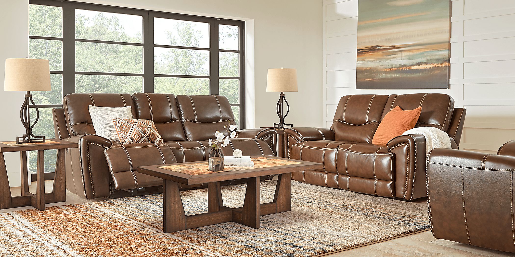 Italo 5 Pc Brown Leather Manual Reclining Living Room Set With