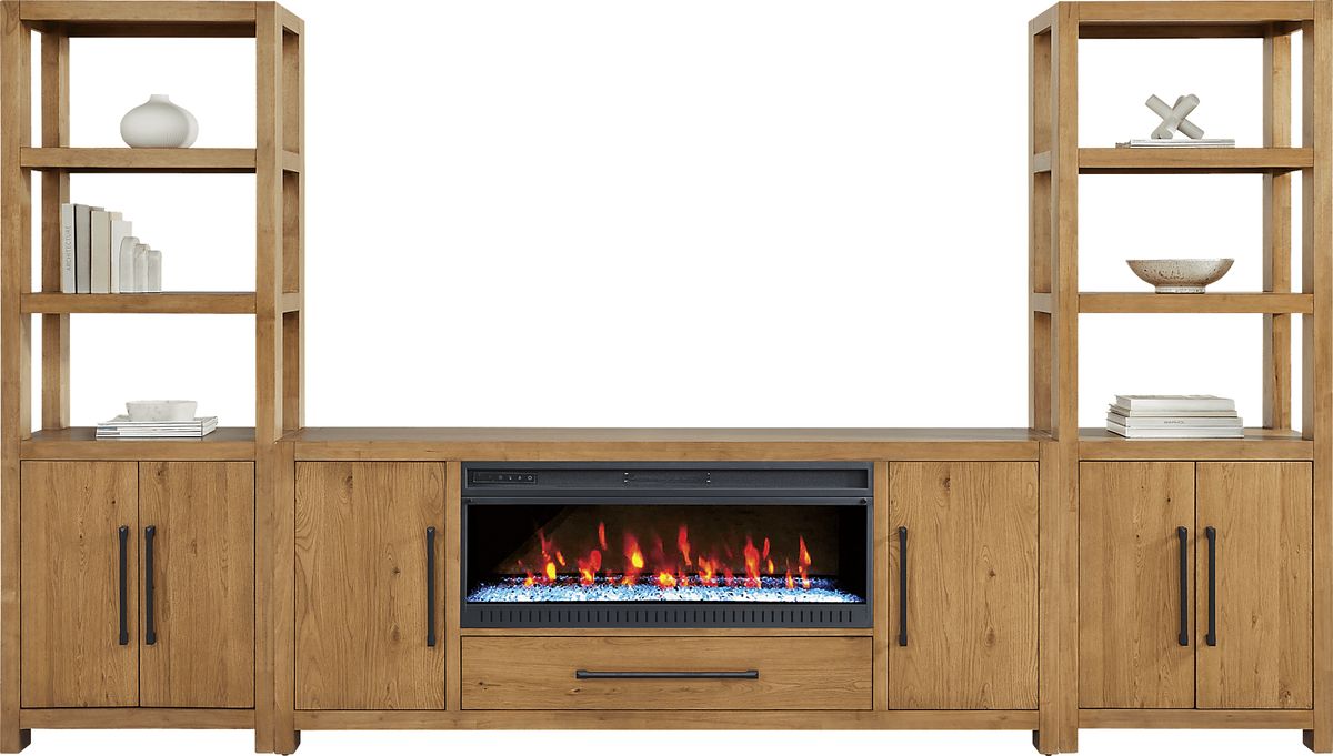Ithaca Natural Light Wood 3 Pc 80 in. Wall Unit With Firebox | Rooms to Go