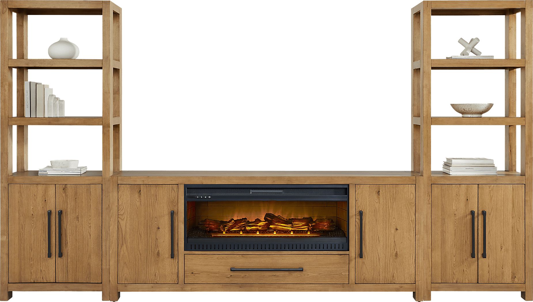 Ithaca Natural 3 Pc Wall Unit with 80 in. Console and Electric Log Fireplace