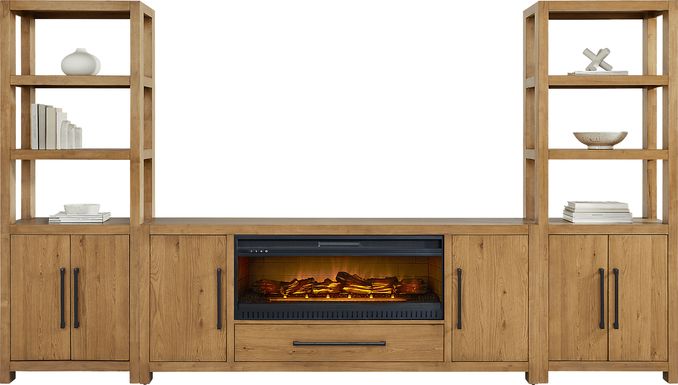Ithaca Natural 3 Pc Wall Unit with 80 in. Console and Electric Log Fireplace
