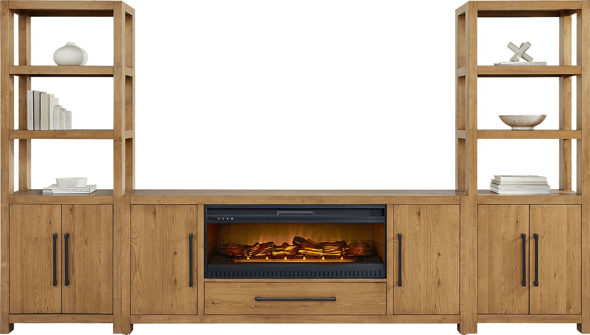 Ithaca Natural 3 Pc Wall Unit with 80 in. Console and Electric Log Fireplace - Image 1