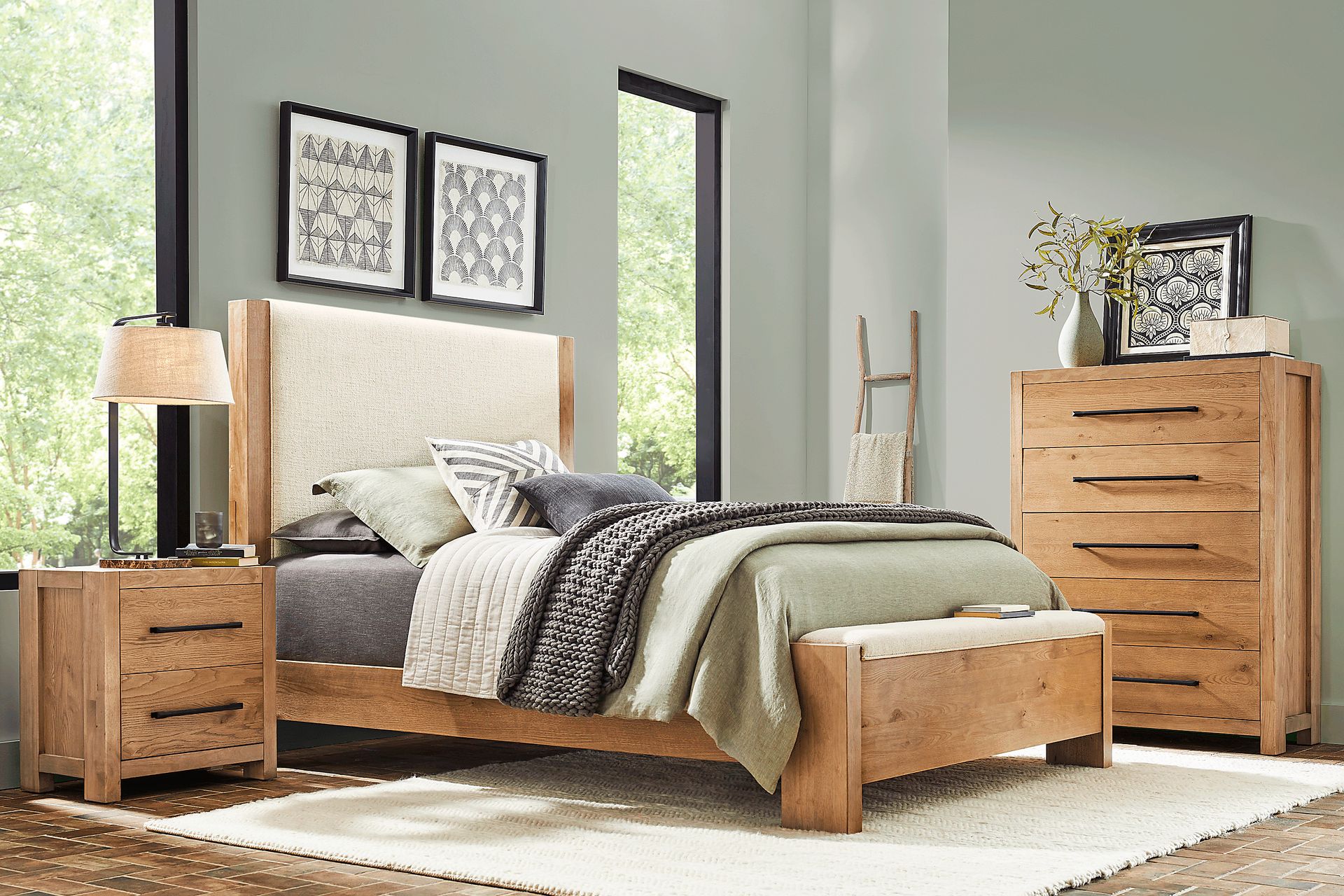Ithaca Natural 5 Pc King Upholstered Bedroom with Bench - Image 1