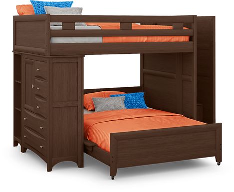 Ivy League 2.0 Walnut Full/Full Step Bunk with Chest and Bookcase