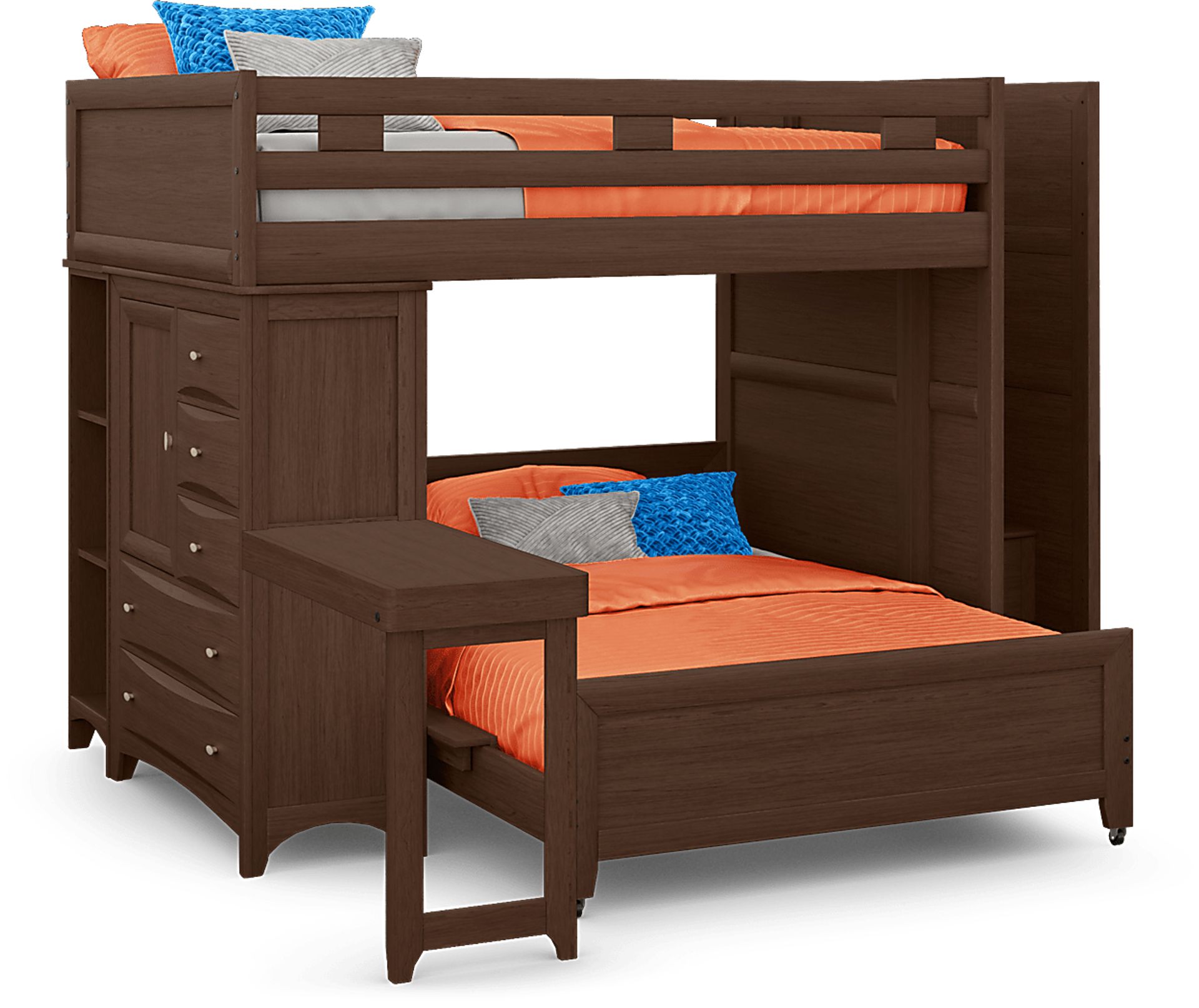 Ivy League 2.0 Walnut Full/Full Step Loft with Chest and Bookcase with Desk Attachment - Image 1
