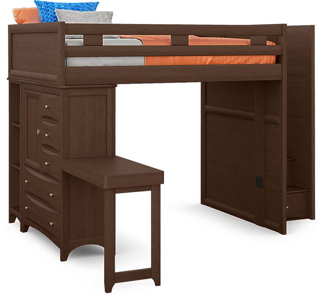 Ivy League 2.0 Walnut Full Step Loft with Chest and Bookcase with Desk Attachment - Thumbnail - Image 1