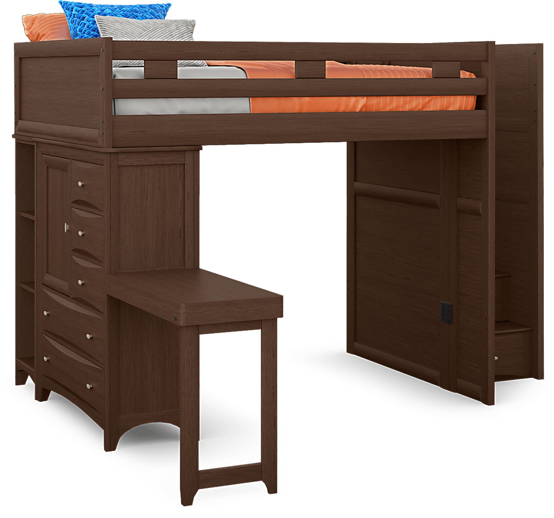 Ivy League 2.0 Walnut Full Step Loft with Chest and Bookcase with Desk Attachment - Image 1