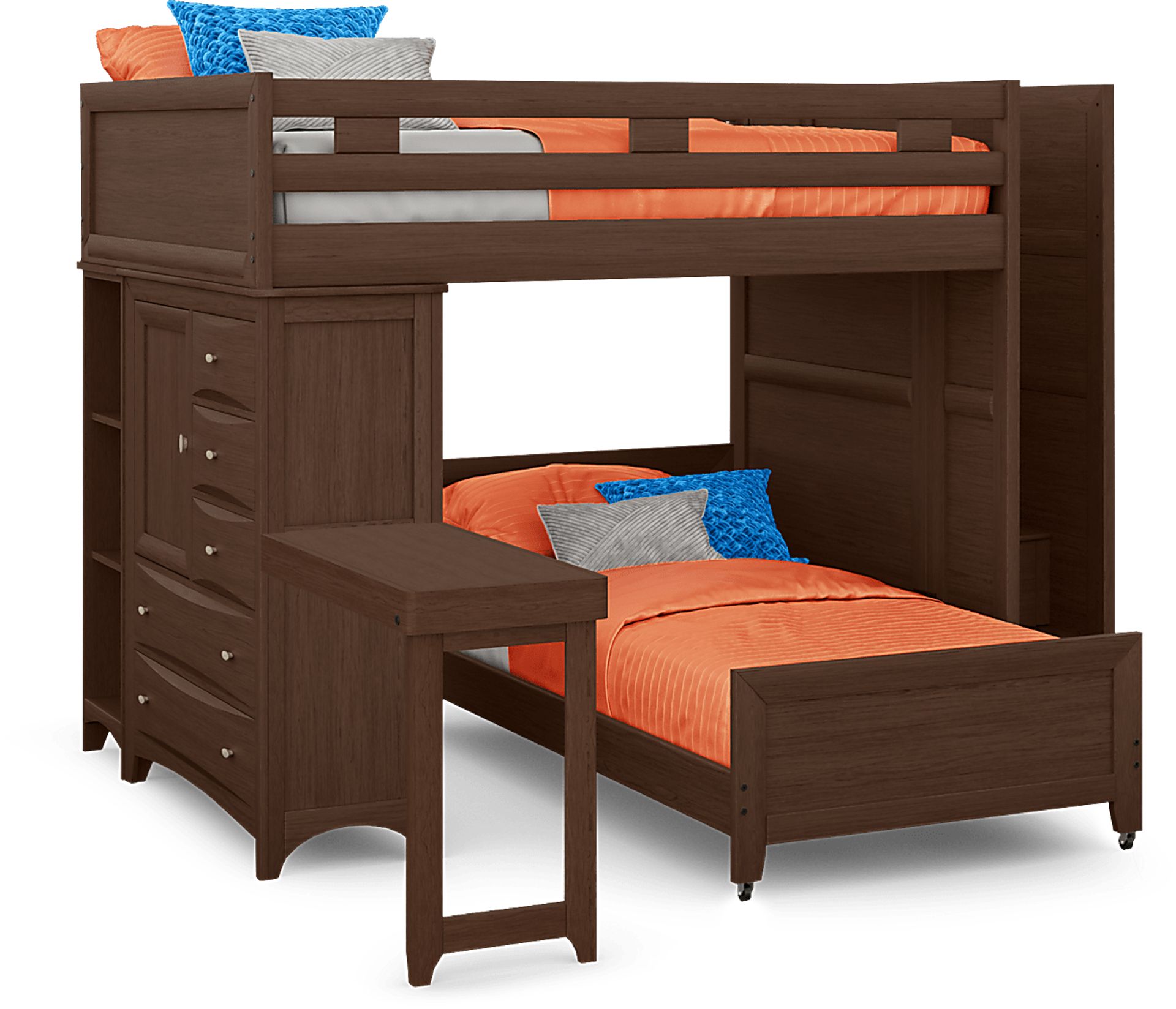 Ivy League 2.0 Walnut Full/Twin Step Bunk with Chest, Bookcase & Desk Attachment - Image 1