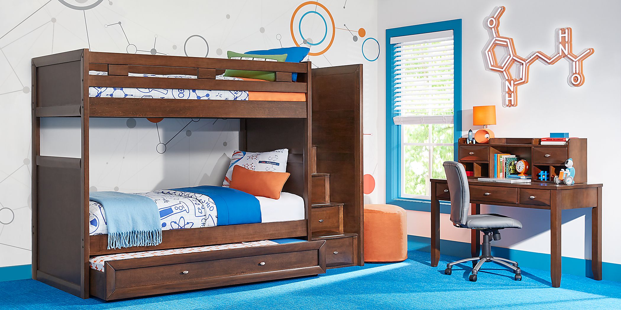 Rooms to Go Ivy League 2.0 Walnut twin/full bunk Bed With Stairs/Desk