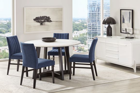 Jarvis White 5 Pc Round Dining Room with Blue Side Chairs