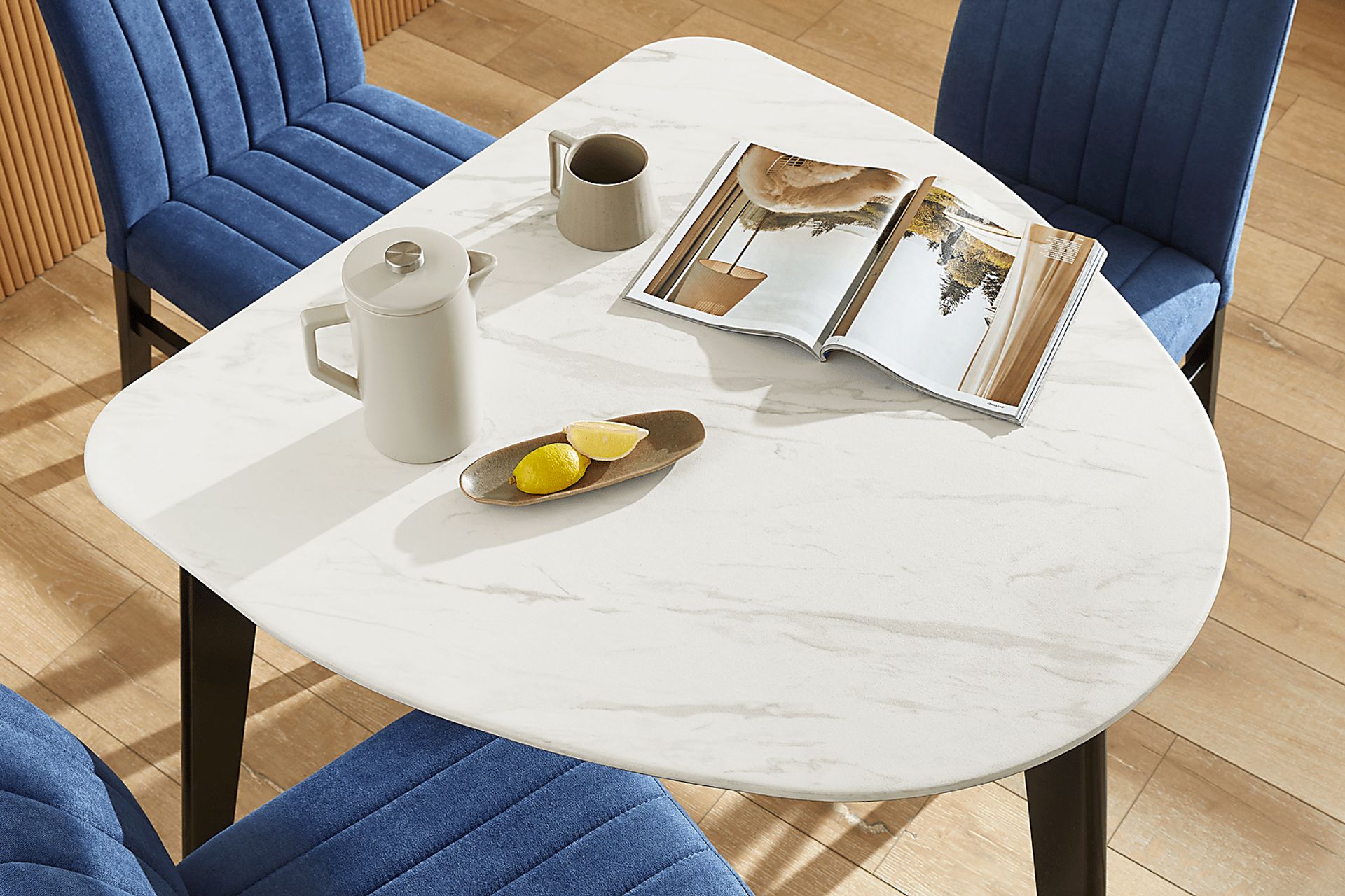 Javis White 4 Pc Half Oval Dining Room with Blue Side Chairs - Image 3