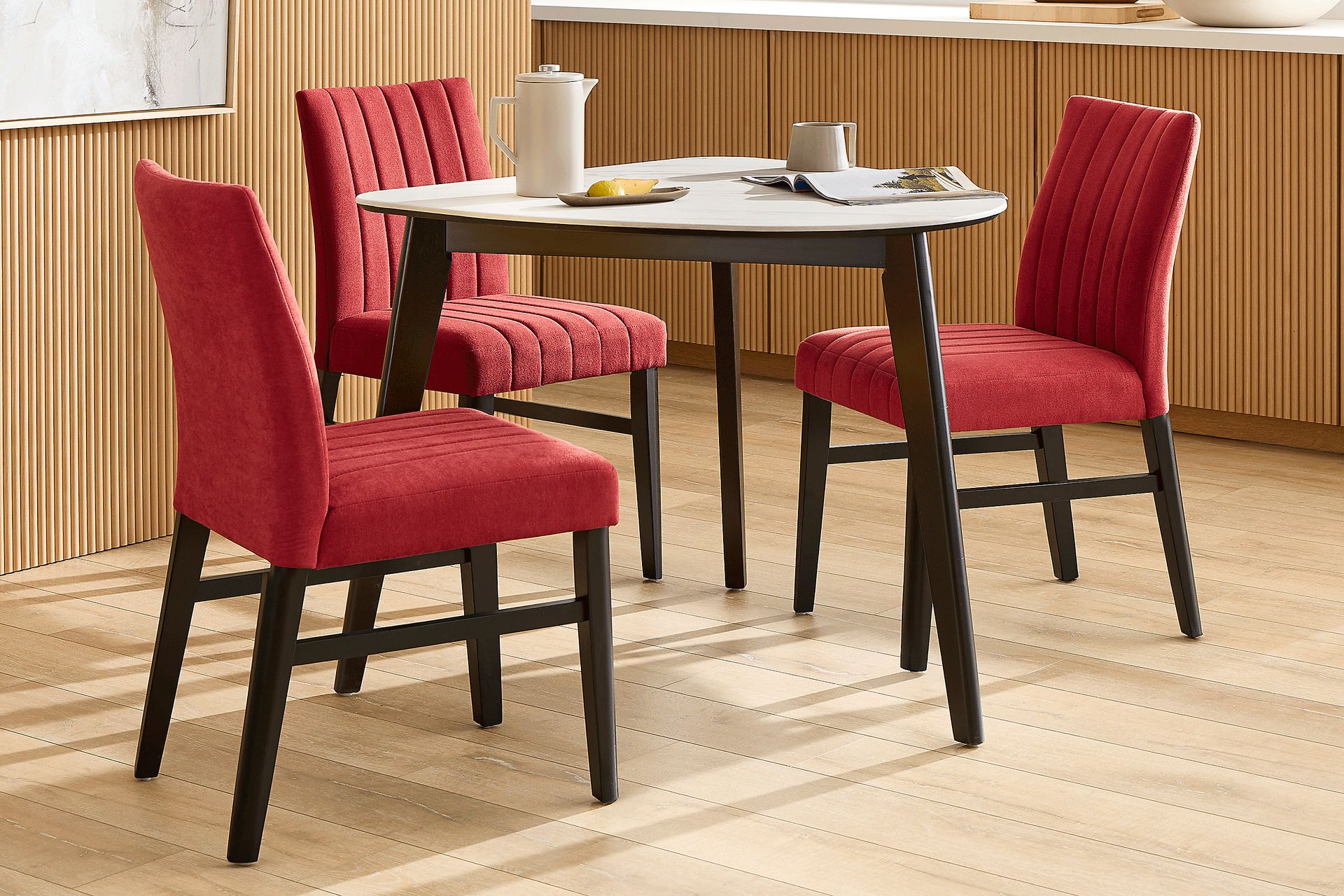 Javis White 4 Pc Half Oval Dining Room with Red Side Chairs - Image 1