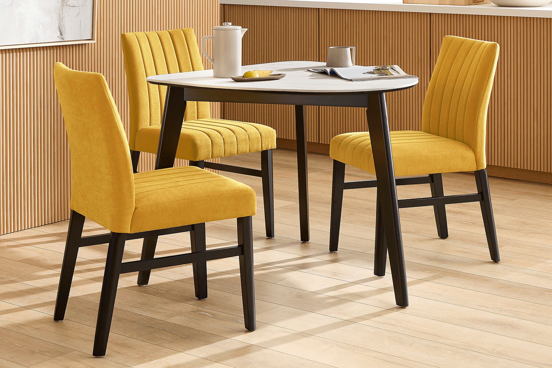 Javis White 4 Pc Half Oval Dining Room with Yellow Side Chairs - Image 1