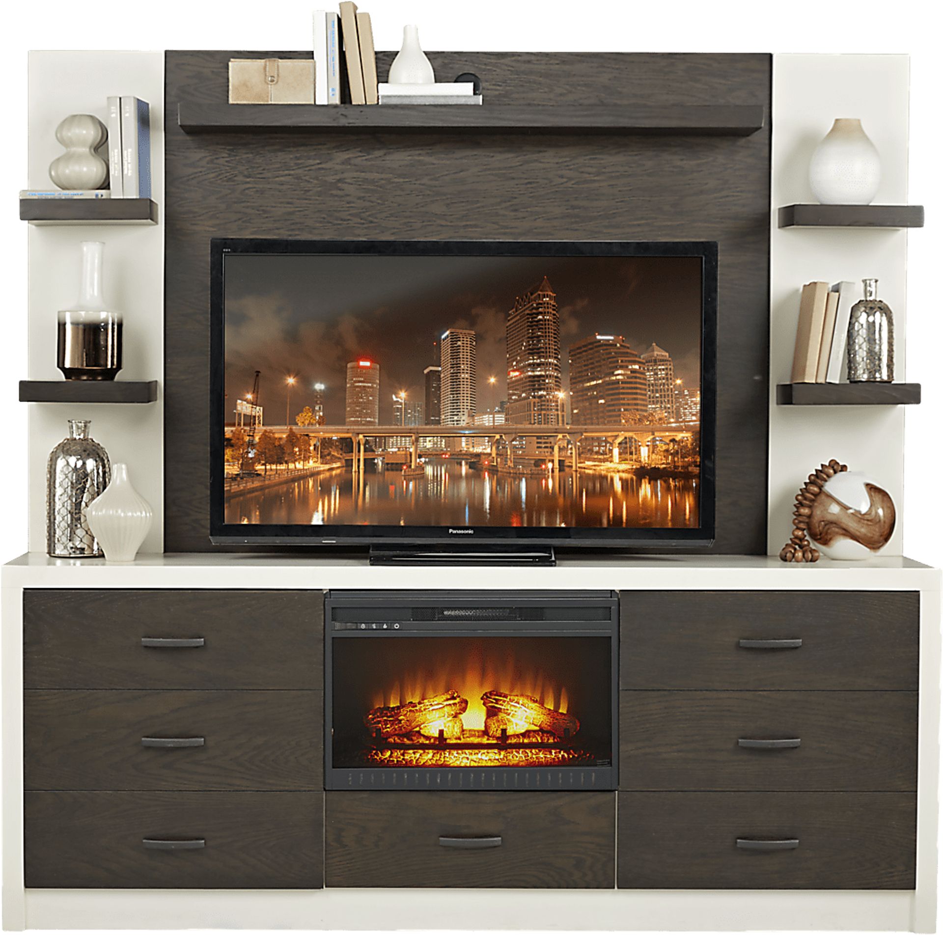 Jeana II Off-White 3 Pc Wall Unit with Electric Log Fireplace - Image 1
