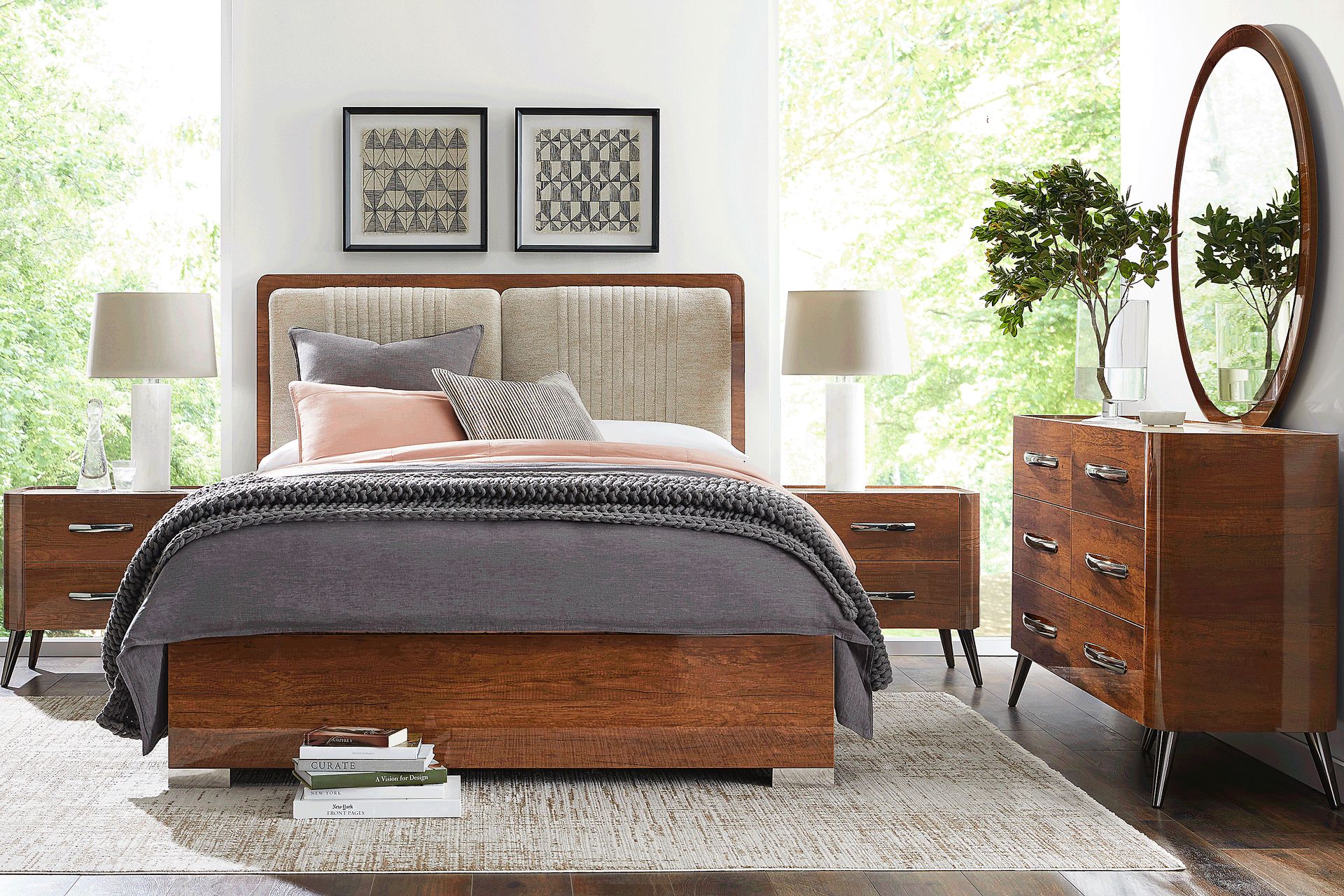 Jenner Walnut 5 Pc Queen Upholstered Bedroom - Image 1