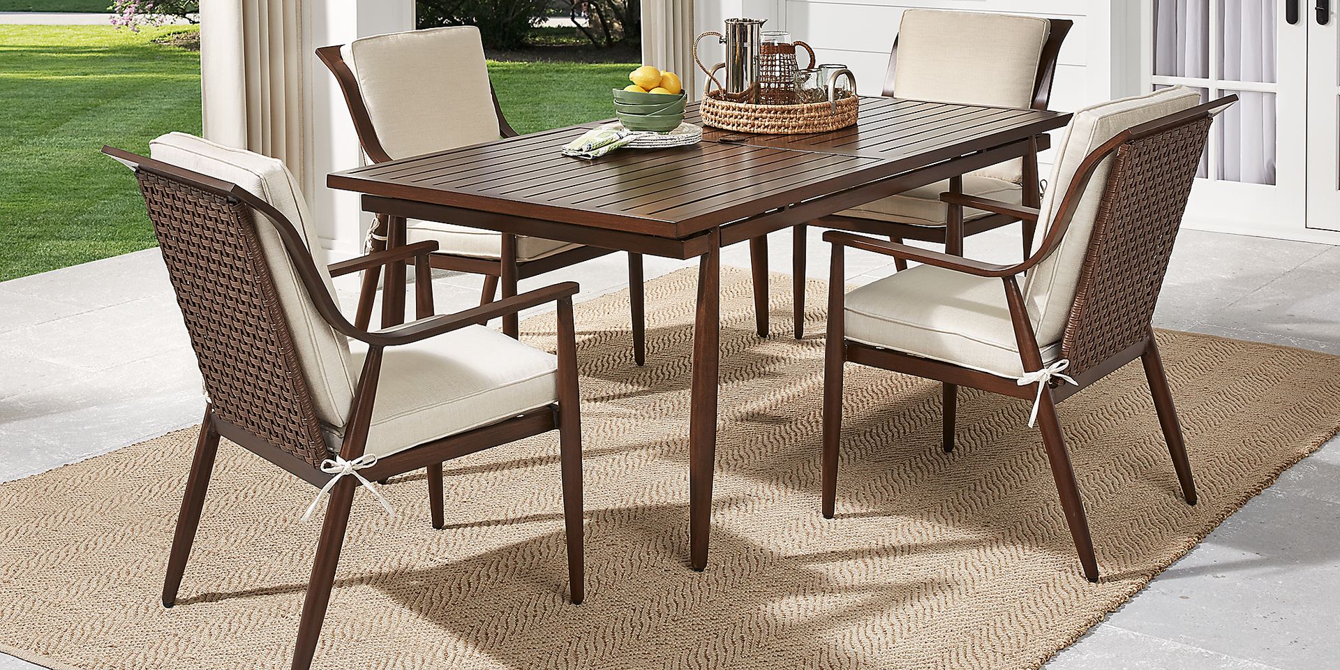 Jorgen Bronze 5 Pc Rectangle Outdoor Dining Set with Vanilla Cushions - Image 1