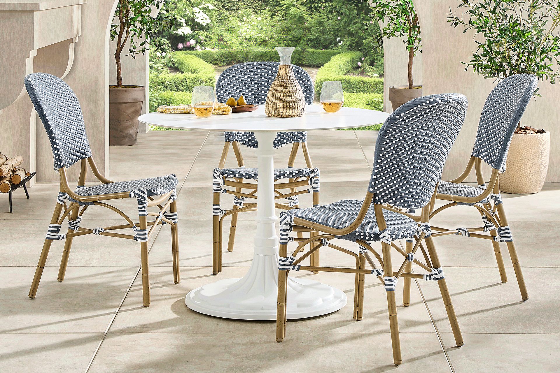 Juliette II White 5 Pc Outdoor Dining Set with Navy Chairs - Image 1
