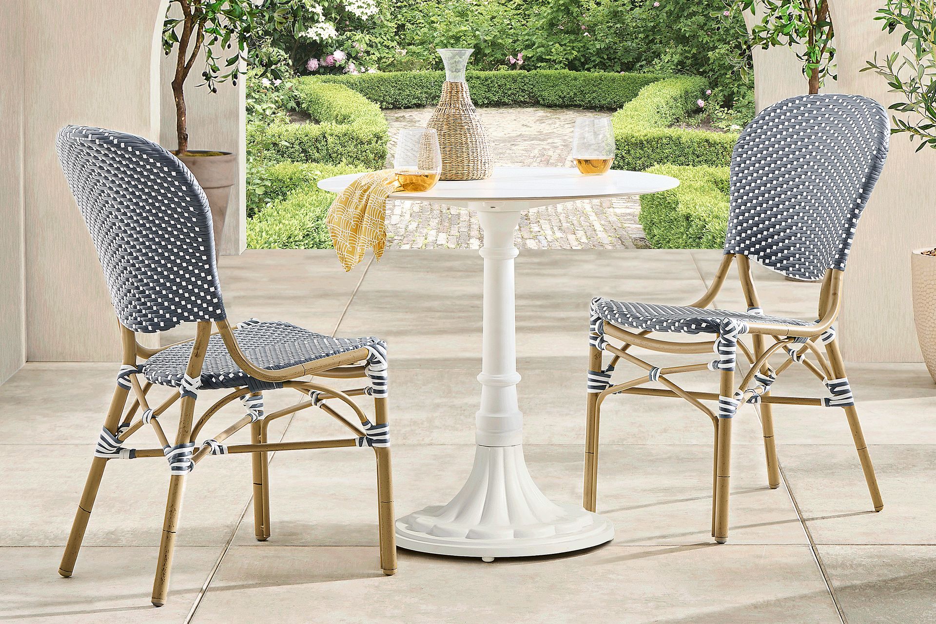 Juliette II White 3 Pc Outdoor Dining Set with Navy Chairs - Image 1