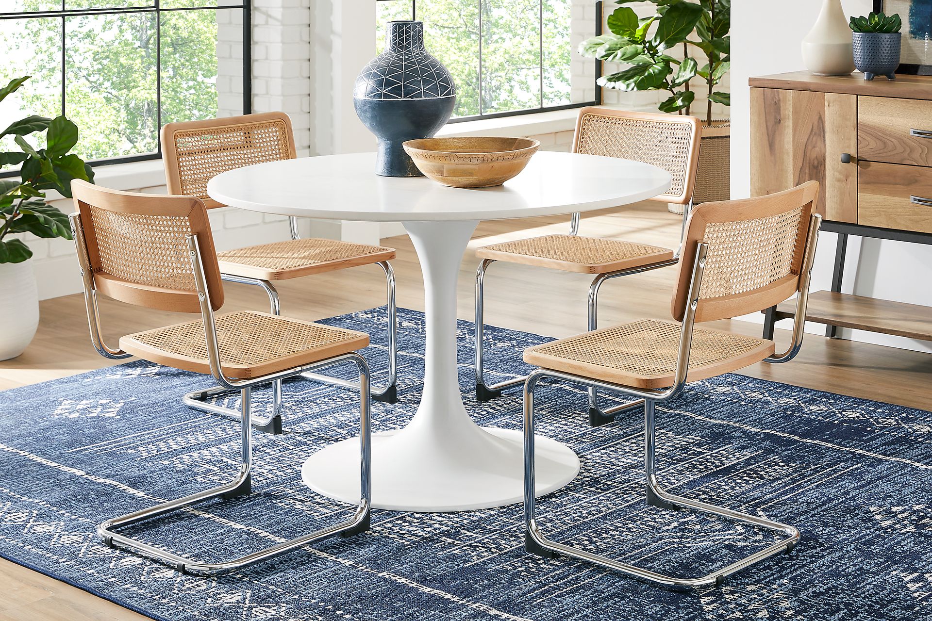 Kaarina White 5 Pc Round Dining Room with Natural Cane Chairs - Image 1