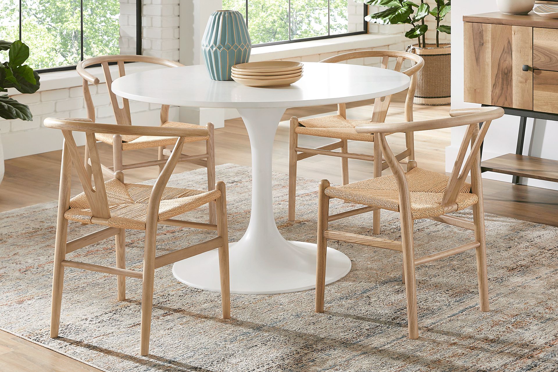 Kaarina White 5 Pc Round Dining Room with Natural Chairs - Image 1
