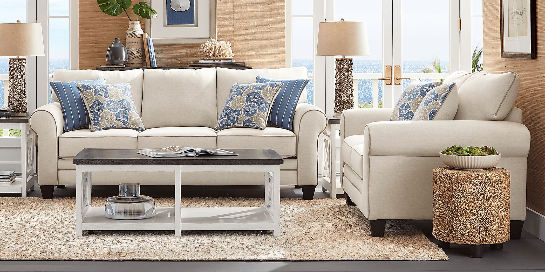 Kailani Coast 7 Pc Beige Polyester Fabric Living Room Set With Sofa ...