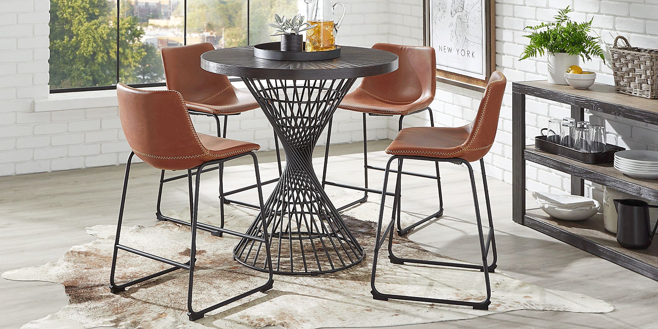 Kanister Walnut 5 Pc Counter Height Dining Set with Brown Stools